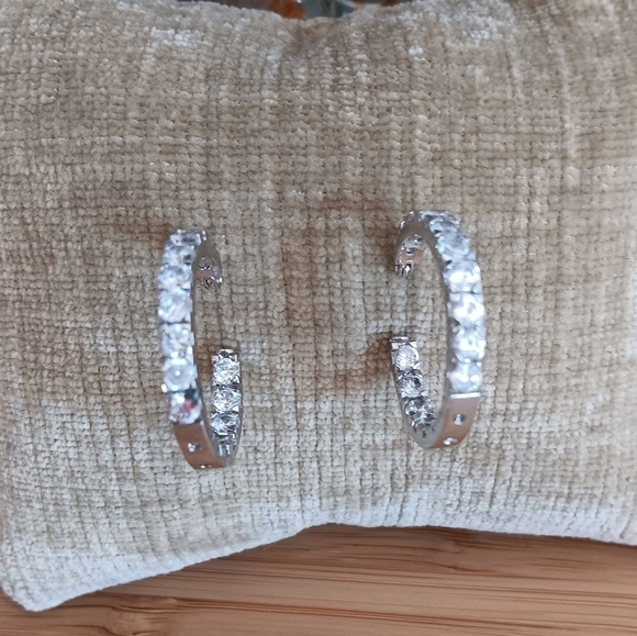 925 FAS Silver Rhinestone Inside Outside  Hoop Earrings - Picture 6 of 8